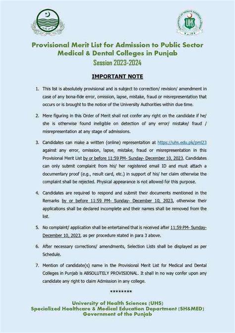 Provisional Merit List For Admission To Public SectorMedical Dental