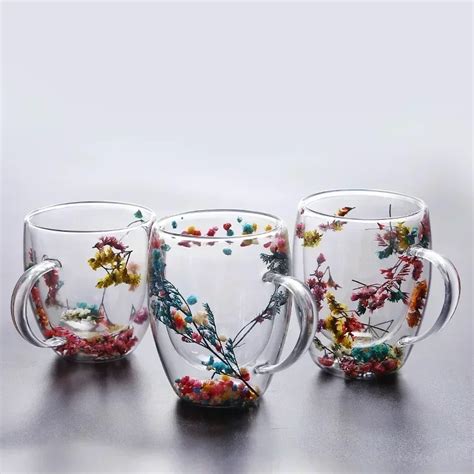 Creative Double Wall Glass Cup Real Flower Conch Flash Filler Glass Cups Hand Ts High