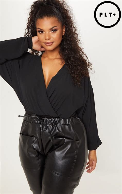 Plus Black Crepe Plunge Bodysuit Curvy Plus Size Curvy Women Fashion