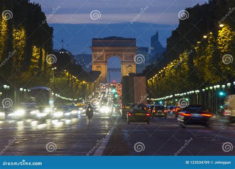 Sunset Scene In Paris City Long Exposure Photo Of Street Traffic Near