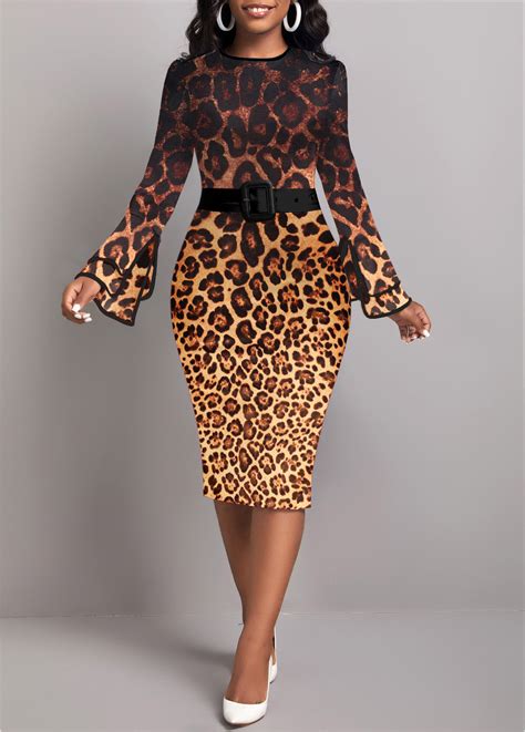 Leopard Contrast Binding Dark Coffee Bodycon Dress Usd