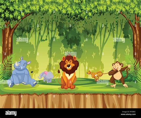 Animals in jungle scene illustration Stock Vector Image & Art - Alamy