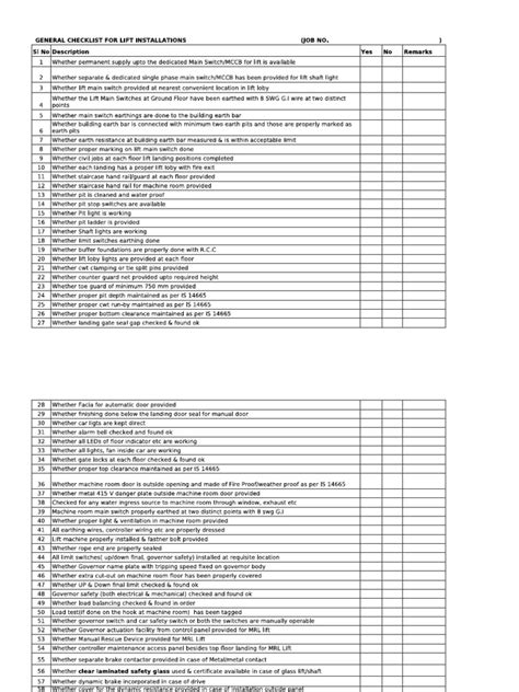 Checklist For Lift Installations | PDF