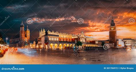 Krakow Poland Famous Landmarks On Old Town Square In Summer Evening