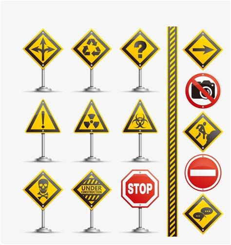 various road signs are shown in different colors and sizes, including ...