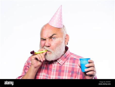 Grandfather Graybeard Blowing Party Whistle Getting Older Is Still Fun