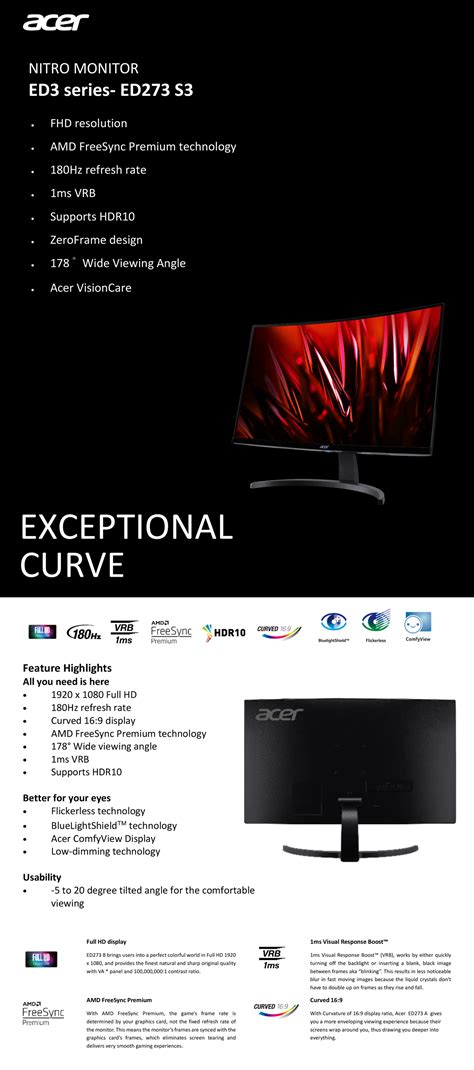 Acer Nitro Ed S Inch Hz Fhd Va Curved Gaming Monitor