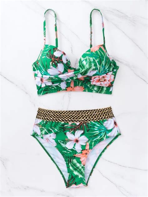 Ba Ador Bikini Con Estampado Tropical Push Up De Talle Alto Moda De