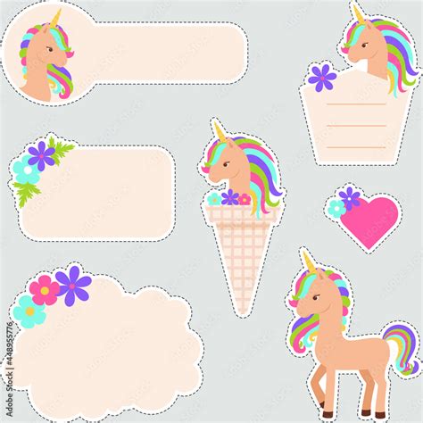 Set of unicorn stickers. Collection of cute unicorn labels in cartoon style. Vector art Stock ...