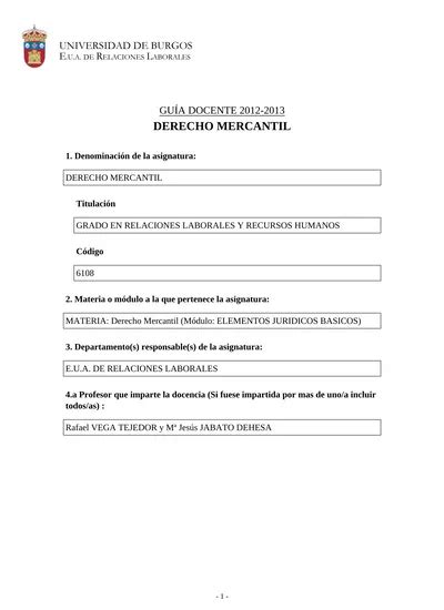 Gu A Docente Derecho Mercantil Grado En Relaciones Laborales Y Recursos