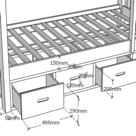 A Bunk Bed With Drawers Underneath It And Measurements For The Bottom