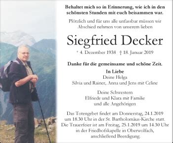 Traueranzeigen Von Siegfried Decker Schwarzw Lder Bote Trauer