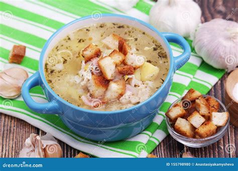 A Bowl With Traditional Czech Garlic Soup Cesnecka Stock Photo Image