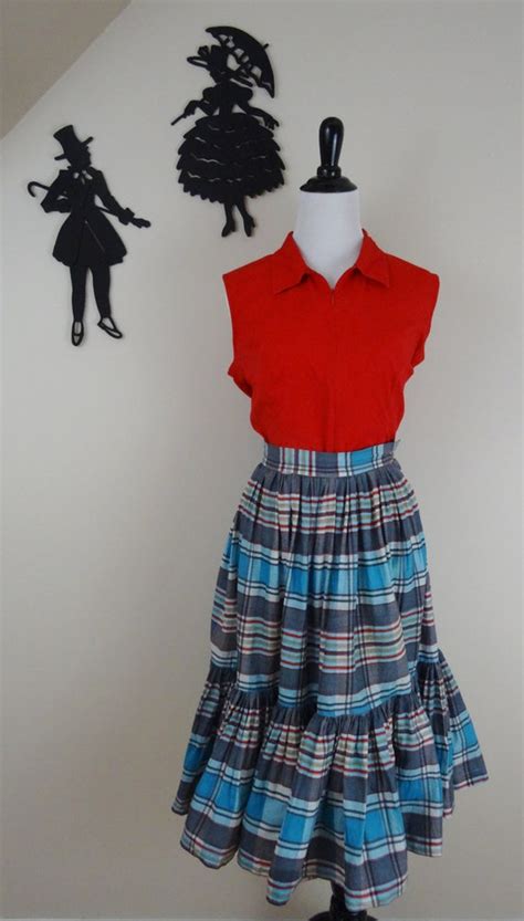 Vintage 1950s Striped Skirt 50s Plaid Skirt Xs Gem