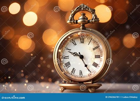 Beautiful Gold Antique Clock On A Festive Lights Background New Year