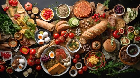 Many Different Kinds Of Food Are Arranged On A Table Background