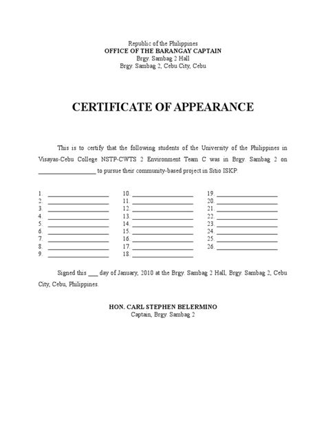 Barangay Certificate Of Appearance