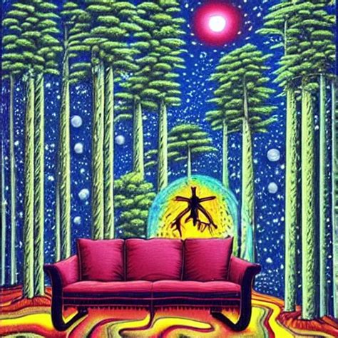 Psychedelic Trippy Couch Dark Pine Forest Planets Stable Diffusion