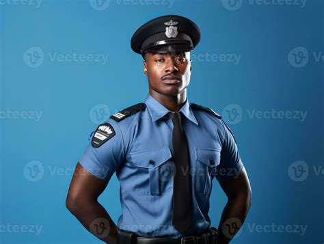 a man wearing a police uniform stands against a blue background ...