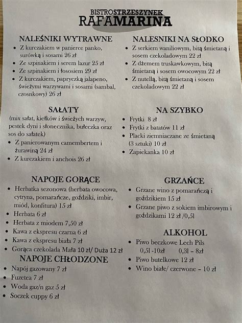 Menu at Przystań smaków Rafamarina pub bar Poznań