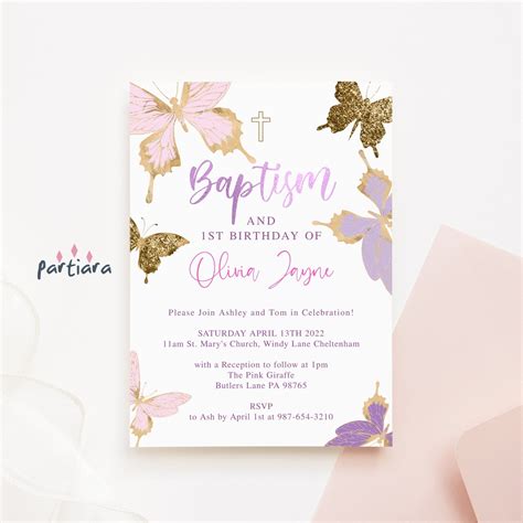 Editable Butterfly Baptism 1st Birthday Invite Girl S Etsy