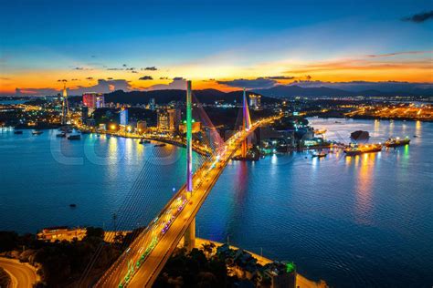 Aerial view of Bai Chay bridge at night in Ha Long City, Vietnam. | Stock image | Colourbox