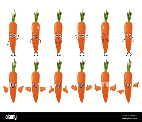 Set Of Cute Cartoon Carrot Vegetables Vector Character Set Isolated On