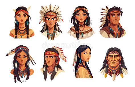 Native American Indian. Cartoon Amerindian Tribe Characters in ...