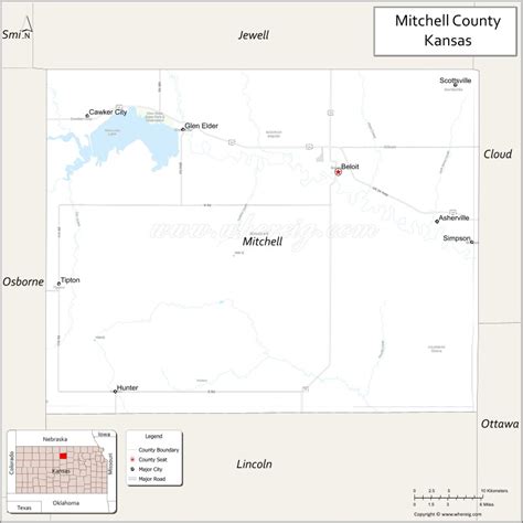 Map of Mitchell County, Kansas showing cities, highways & important ...