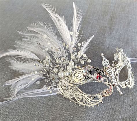 Snow Flake White And Silver Metal Masquerade Mask With Feathers And