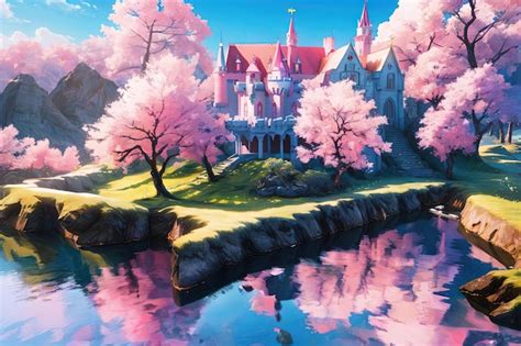 Premium AI Image | A pink castle pink world anime forest sea water ...