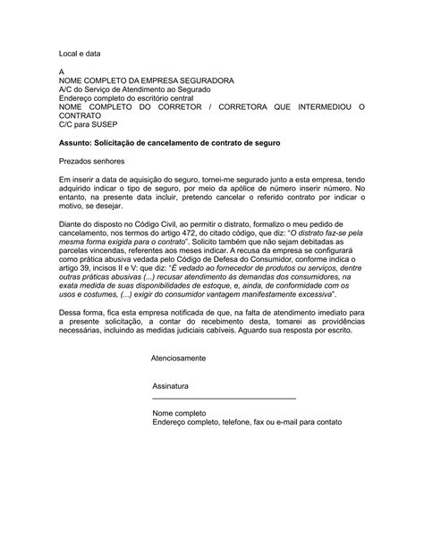 Solicitação de cancelamento de contrato de seguro PDF