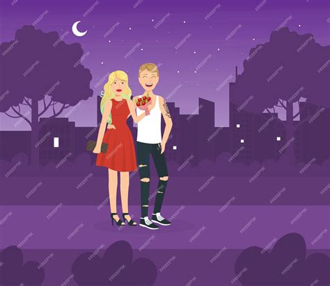 Premium Vector Couple In Love Having Date At Night Happy Loving Couple On Romantic Date Vector