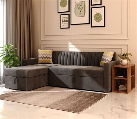 Buy Everett Left Aligned Convertible Sofa Cum Bed With Storage Velvet