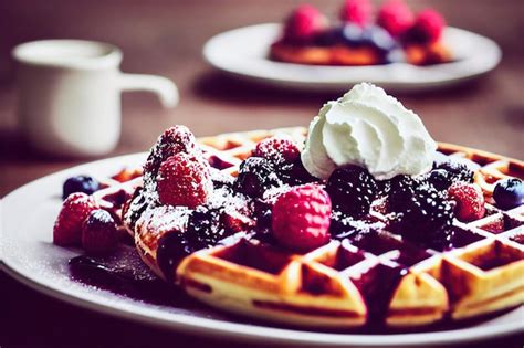 Premium Photo Belgian Waffles With Whipped Cream And Berries On Plate