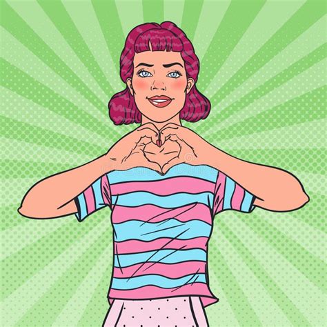 Pop Art Woman Showing Heart Hand Sign Love Gesture Comic Style