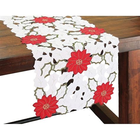 Holiday Poinsettia Embroidered Cutwork Mini Table Runner 12 By 28 Inch 12 By 48 Inch