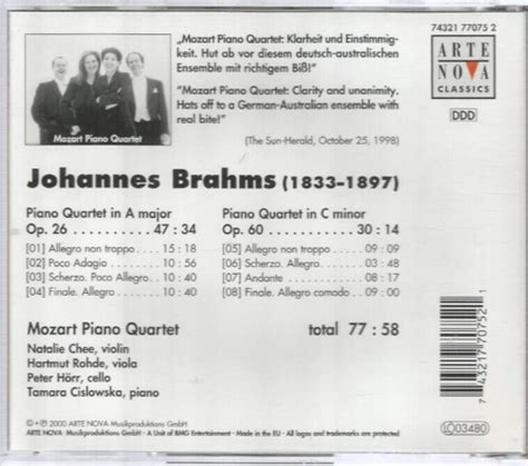 Brahms Piano Quartets Op 26 Op 60 IMPORT By Mozart Piano Quartette