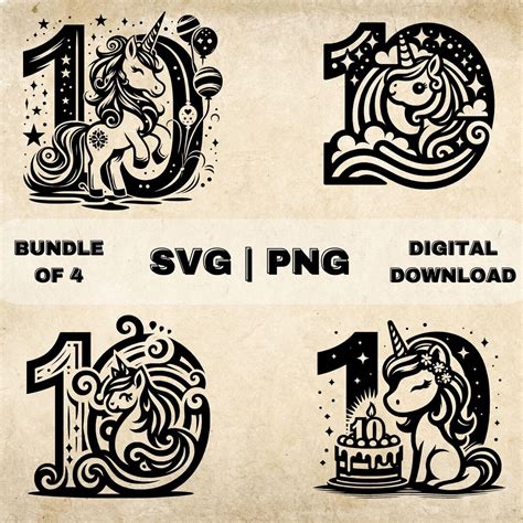 Unicorn Th Birthday Svg Bundle Tenth Birthday Clipart Hand Drawn