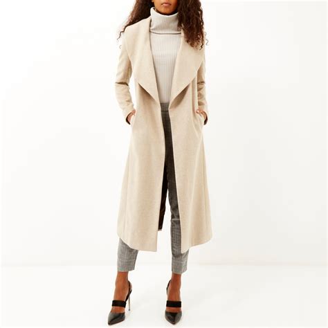 River Island Beige Wool Blend Belted Wrap Winter Coat In Natural Lyst