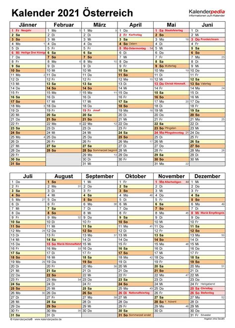 Kalender Sterreich Zum Ausdrucken Als Pdf