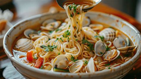 A Bowl Of Noodle Soup With Clams And Vegetables Stock Illustration