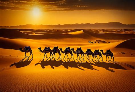 Camel Caravan In The Sahara Desert At Sunset Morocco Africa Premium