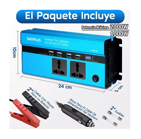 Inversor De Corriente Dual 1000w Con 4 Usb 12 Vcc A 110 Vca Azul