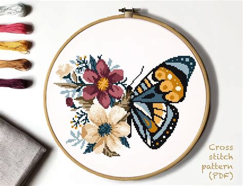 Floral Butterfly Modern Cross Stitch Pattern Flowers Counted Etsy