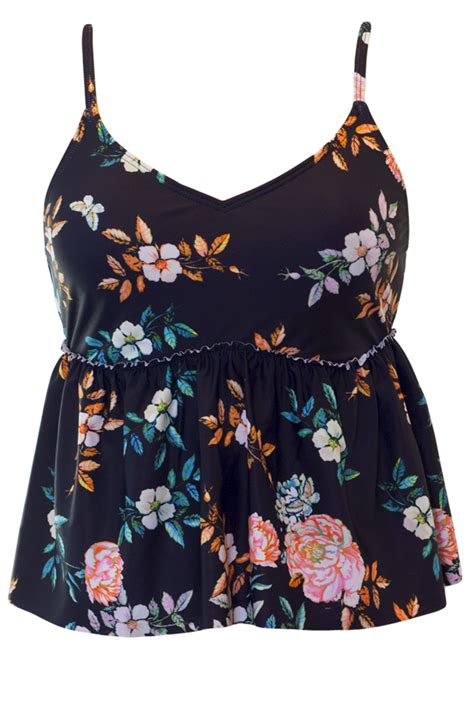 V Peplum Tankini Top Black Retro Floral Final Sale Peplum Tankini