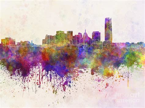 Oklahoma City Skyline In Watercolor Background Painting By Pablo Romero