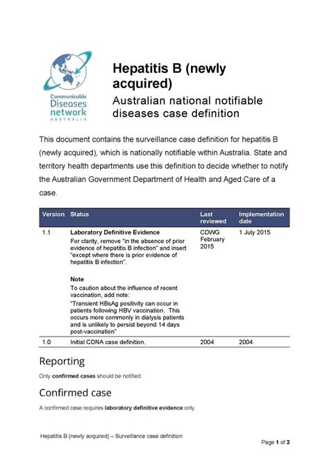 Hepatitis B Newly Acquired Surveillance Case Definition Australian Government Department