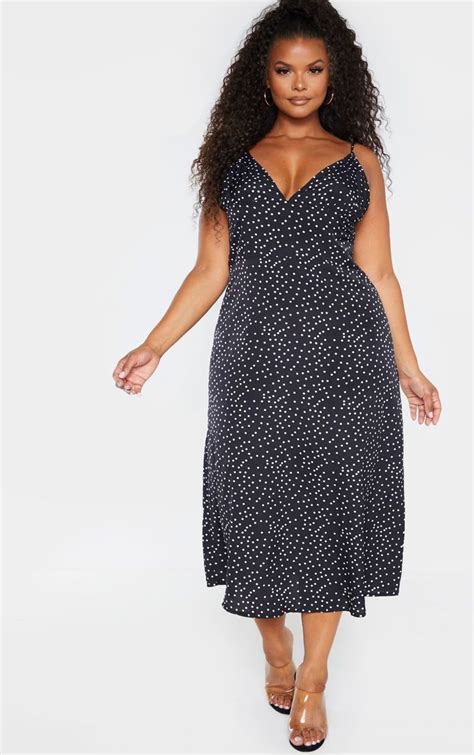 Plus Black Polka Dot Tie Shoulder Midi Dress Dress Clothes For Women Plus Size Clothing Uk