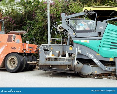 Cairo Egypt April 8 2023 Asphalt Paver Trucks And Compactors A